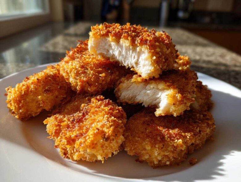 A stack of crispy, golden homemade chicken nuggets on a white plate, one nugget is cut open showing the white meat inside.