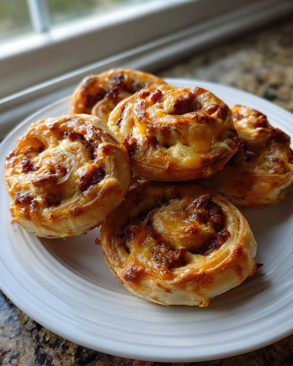 A close-up of several golden brown sausage pinwheels topped with melted cheese, served on a white plate.
