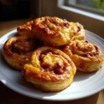 A stack of golden brown, flaky sausage pinwheels piled high on a white plate, beautifully lit by sunlight.