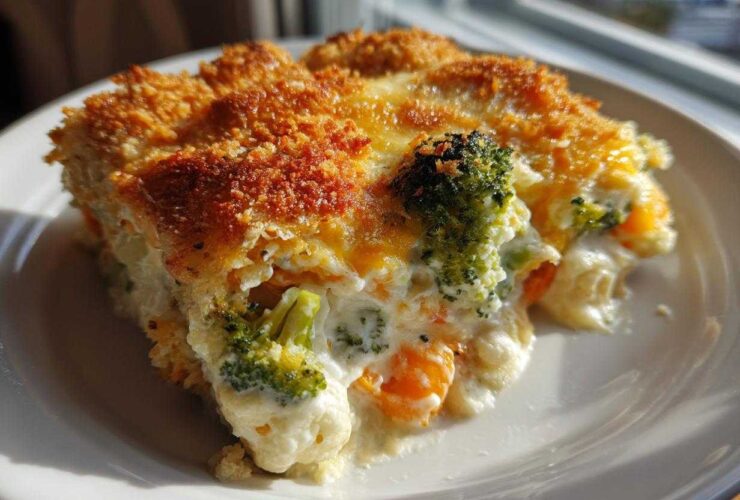 A close-up view of a creamy vegetable casserole slice featuring broccoli and carrots with a golden, crispy breadcrumb topping.