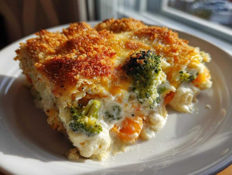 A close-up view of a creamy vegetable casserole slice featuring broccoli and carrots with a golden, crispy breadcrumb topping.