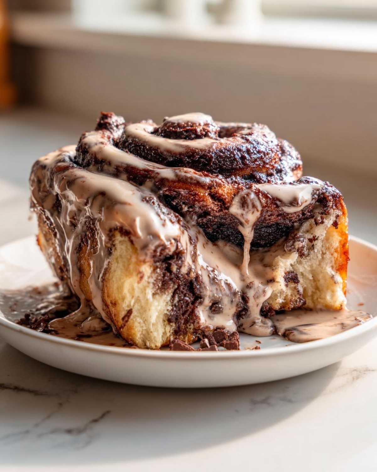 Close-up of a gooey chocolate cinnamon rolls slice dripping with light brown glaze on a white plate.
