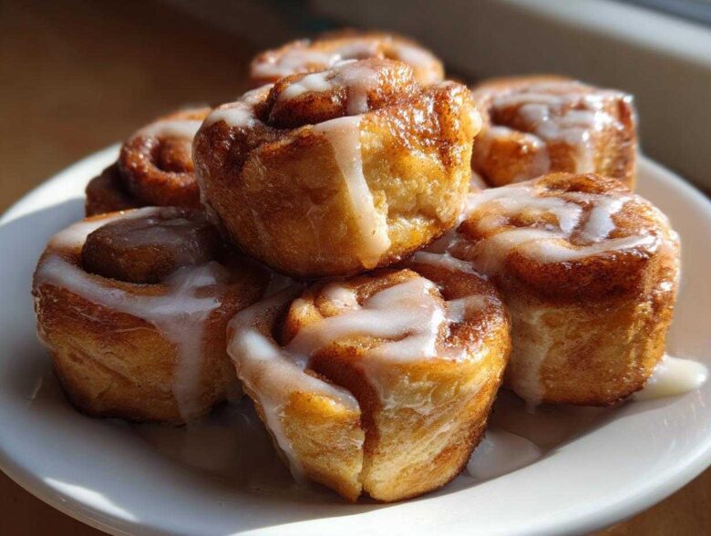A stack of freshly baked, gooey cinnamon roll bites drizzled generously with white vanilla icing.