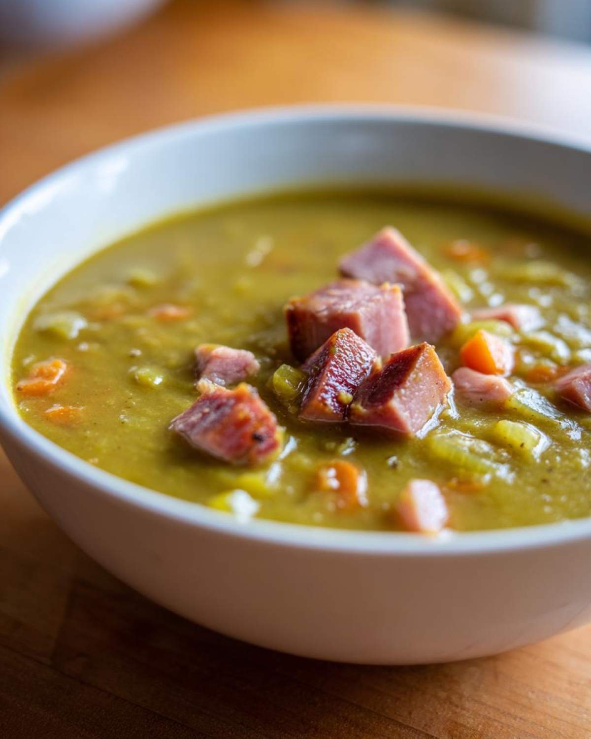 Close-up of a thick, green pea soup topped with generous chunks of smoked ham and visible carrots.
