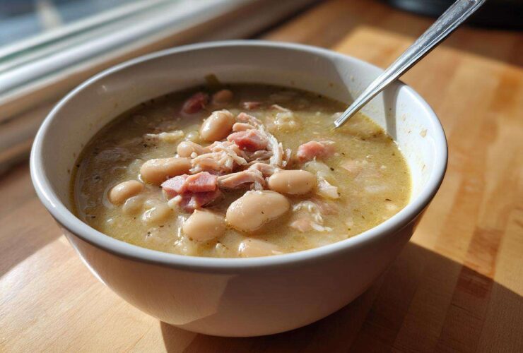 Close-up of a white bowl filled with rich ham and white bean soup, ready to eat.