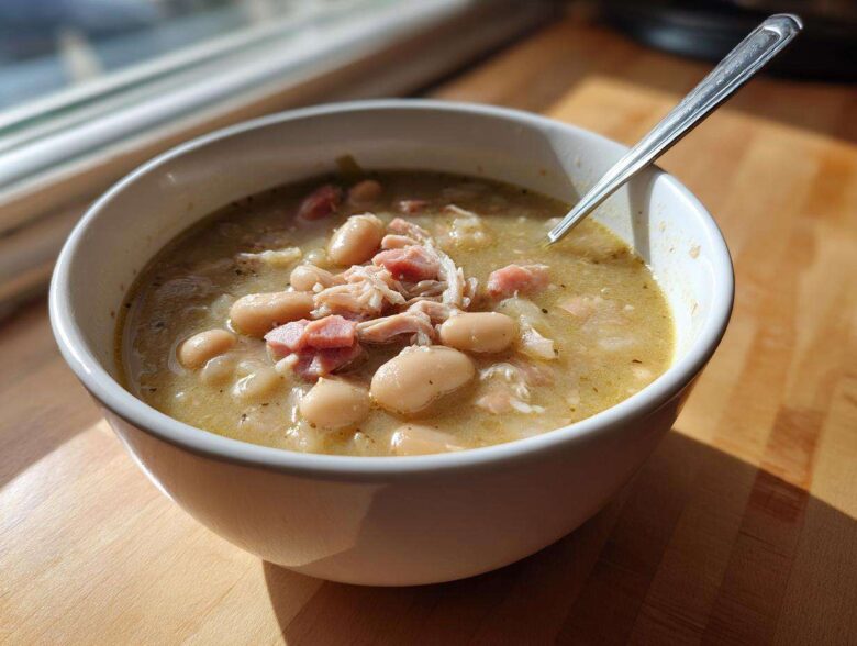 Close-up of a white bowl filled with rich ham and white bean soup, ready to eat.