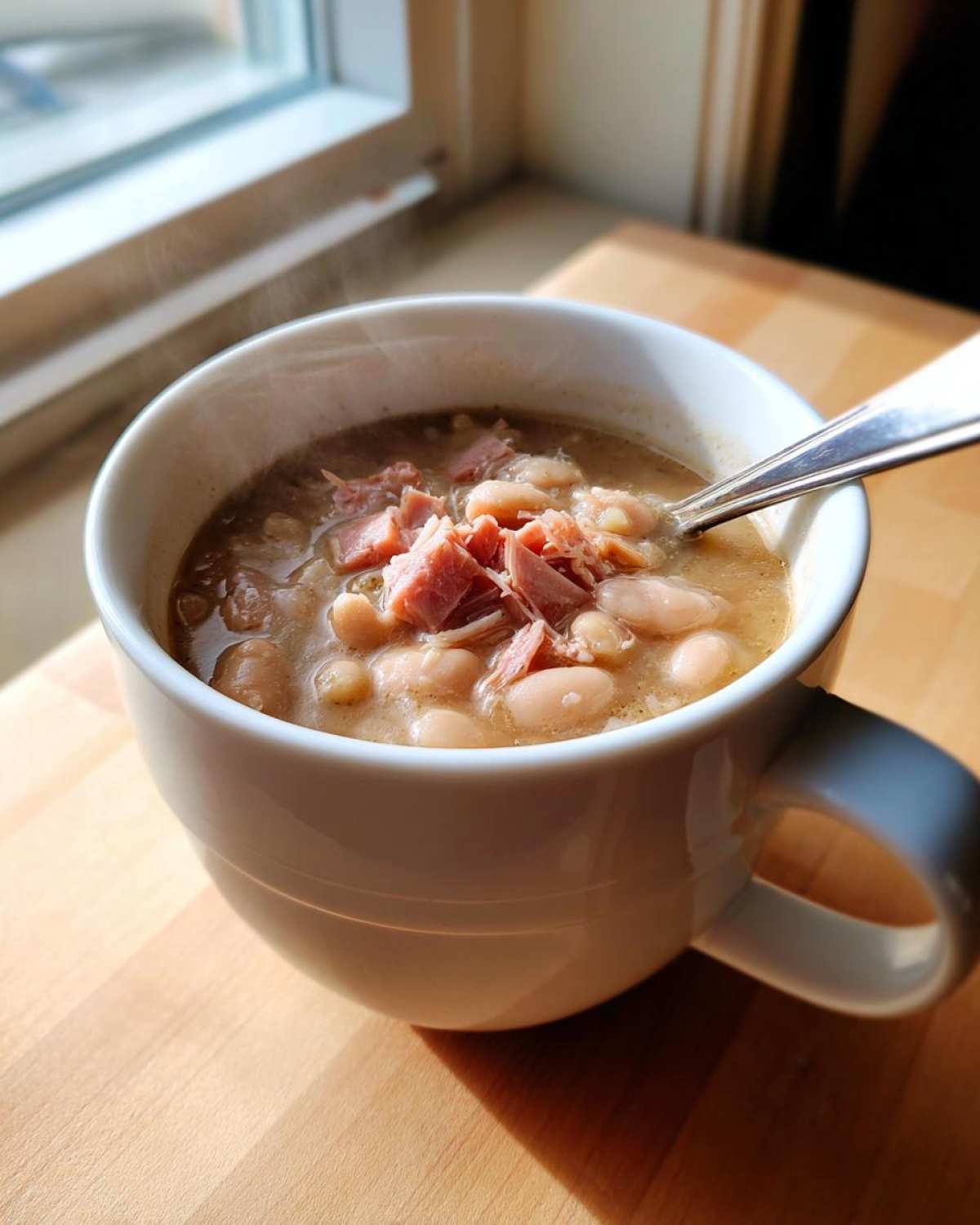 A close-up of steaming ham and white bean soup served in a white mug on a wooden surface near a window.