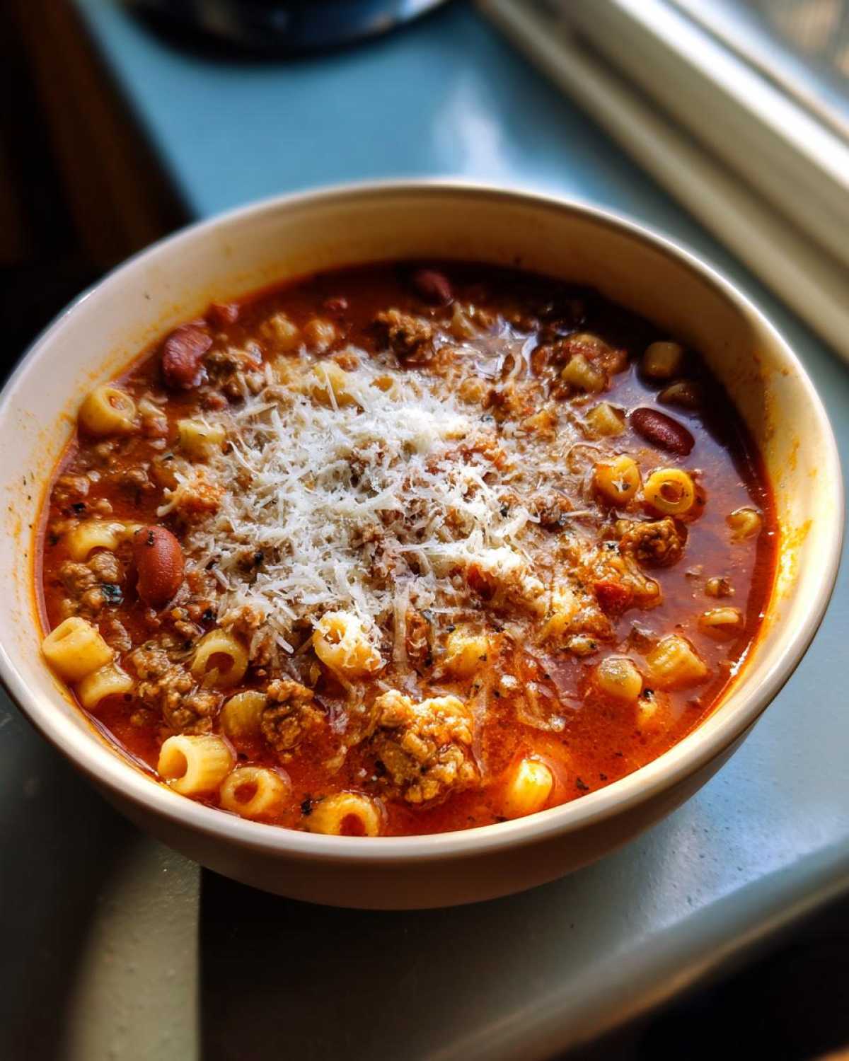 Close-up of a steaming bowl of rich, tomato-based pasta e fagioli soup topped with grated Parmesan cheese.