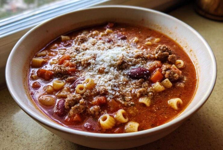 A close-up of a steaming bowl of rich, tomato-based pasta e fagioli topped with ground meat, beans, and grated Parmesan cheese.