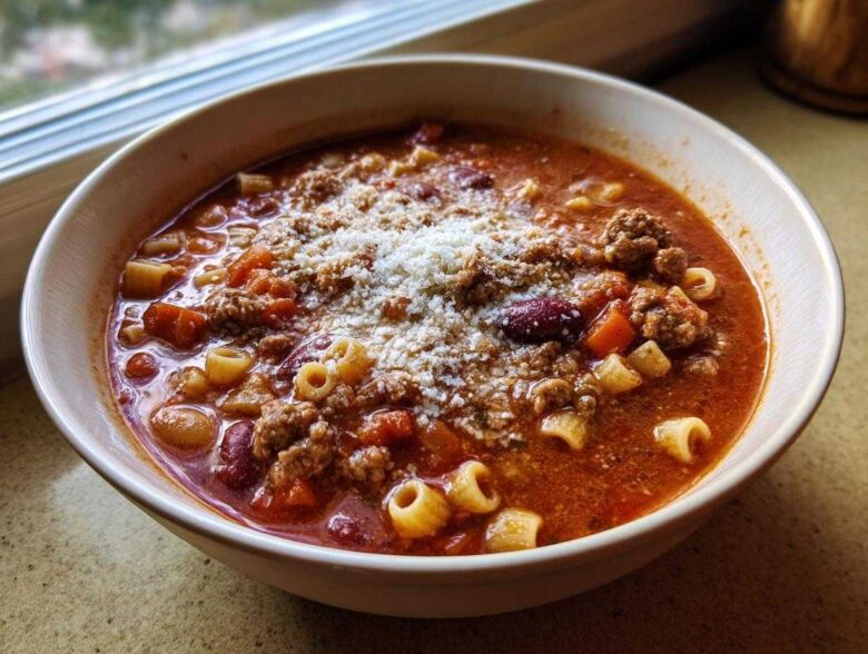 A close-up of a steaming bowl of rich, tomato-based pasta e fagioli topped with ground meat, beans, and grated Parmesan cheese.