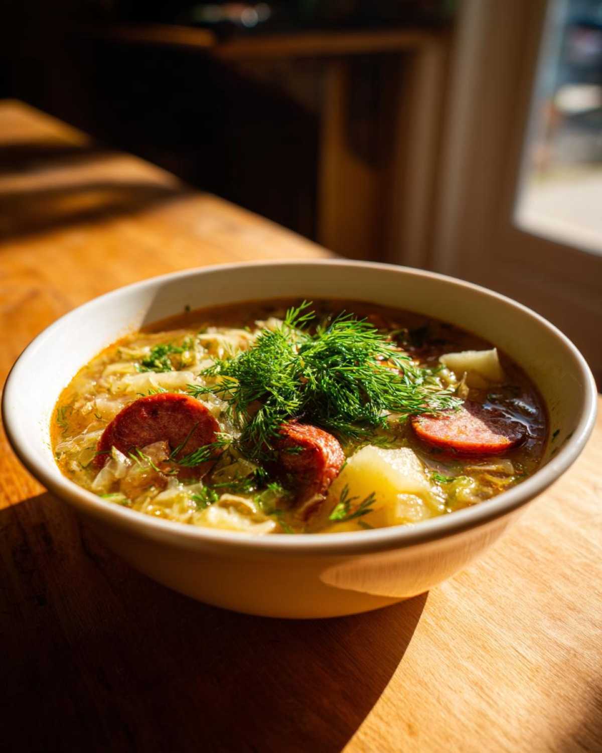 Close-up of a bowl of rich sauerkraut soup topped with sliced sausage, potatoes, and fresh dill.