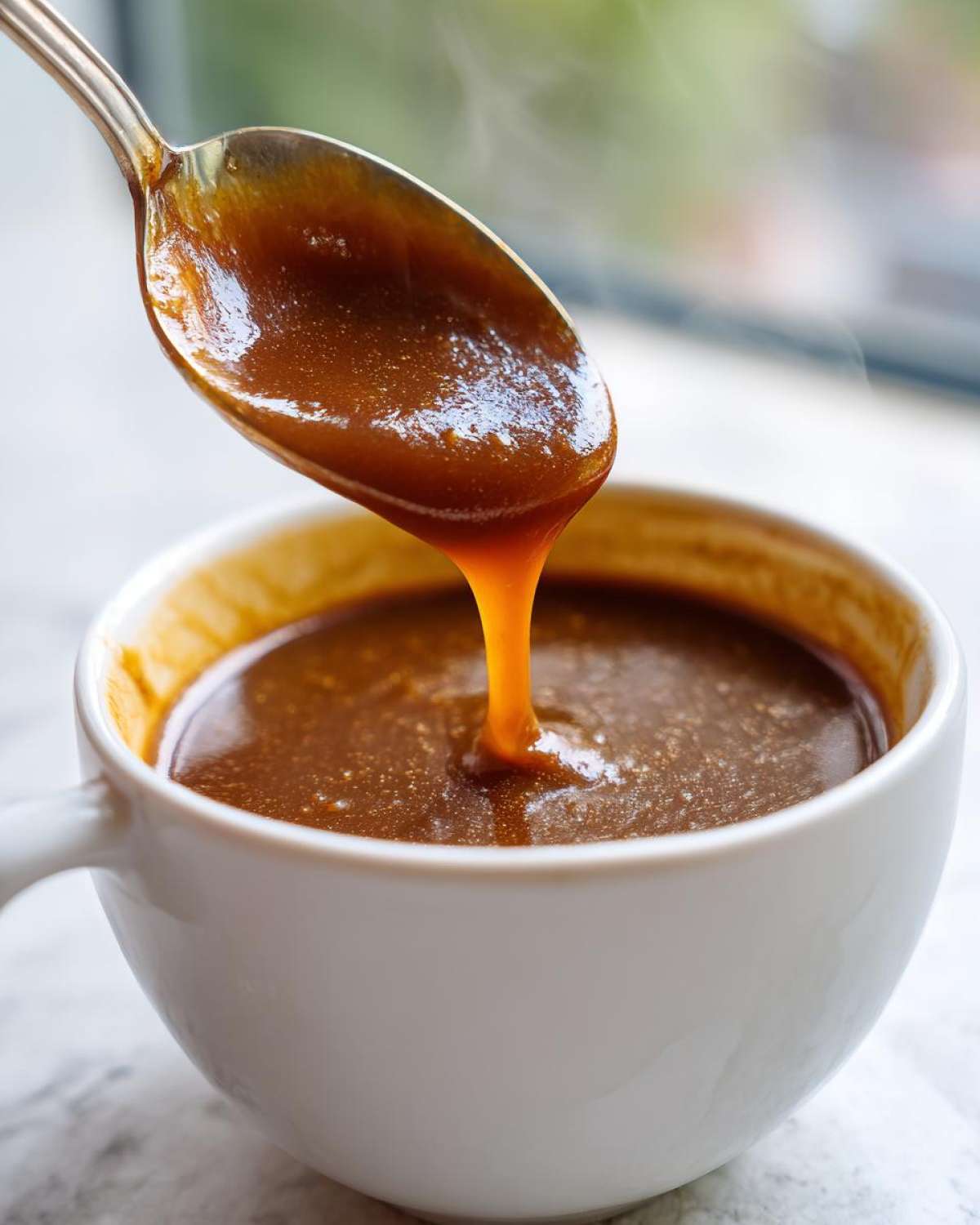 Close-up of rich, steaming homemade brown gravy being poured from a metal spoon back into a white mug.