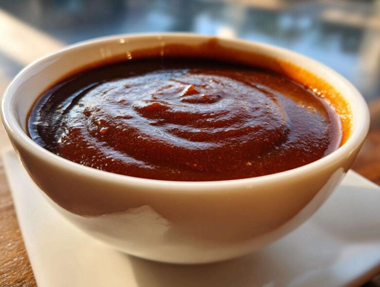 Close-up of thick, rich homemade brown gravy with swirling textures in a small white bowl.