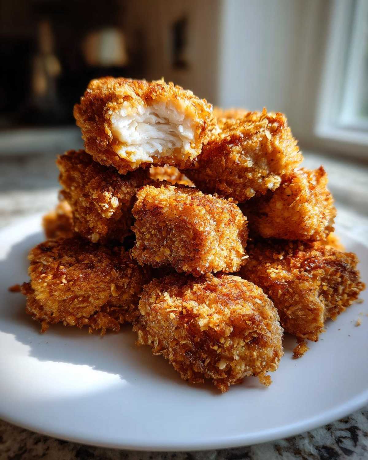 A stack of golden brown, crispy homemade chicken nuggets with one nugget broken open showing the white interior.