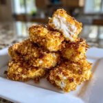 A stack of golden, crispy homemade chicken nuggets, with one nugget broken open showing the white, juicy chicken inside.