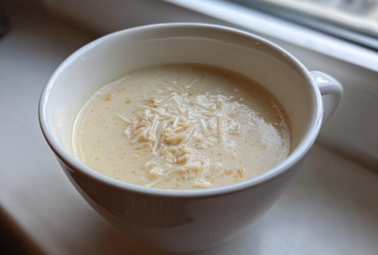 A close-up of creamy homemade cream of chicken soup topped with shredded chicken or noodles in a white mug.