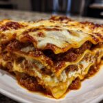 A close-up, mouth-watering slice of homemade lasagna featuring rich meat sauce and melted cheese layers.