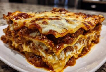 A close-up, mouth-watering slice of homemade lasagna featuring rich meat sauce and melted cheese layers.