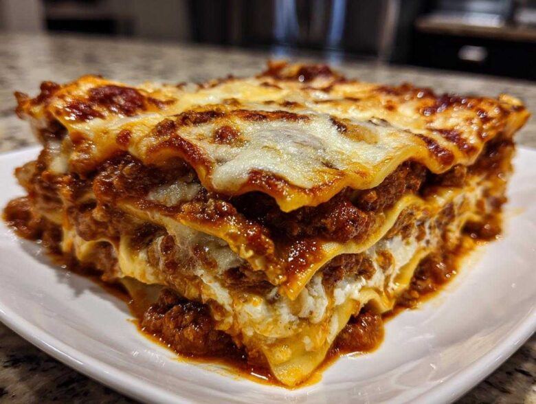 A close-up, mouth-watering slice of homemade lasagna featuring rich meat sauce and melted cheese layers.