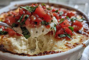 A spoonful of hot, cheesy bruschetta dip being lifted from a white baking dish, topped with fresh tomatoes and basil.