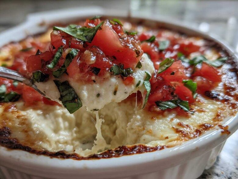 A spoonful of hot, cheesy bruschetta dip being lifted from a white baking dish, topped with fresh tomatoes and basil.