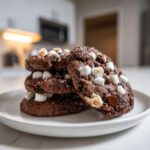A stack of rich, dark chocolate hot chocolate cookies topped with mini marshmallows and chocolate chips on a white plate.