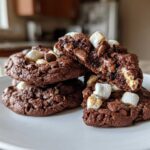A stack of gooey hot chocolate cookies topped with melted chocolate chips and mini marshmallows.