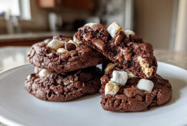 A stack of gooey hot chocolate cookies topped with melted chocolate chips and mini marshmallows.