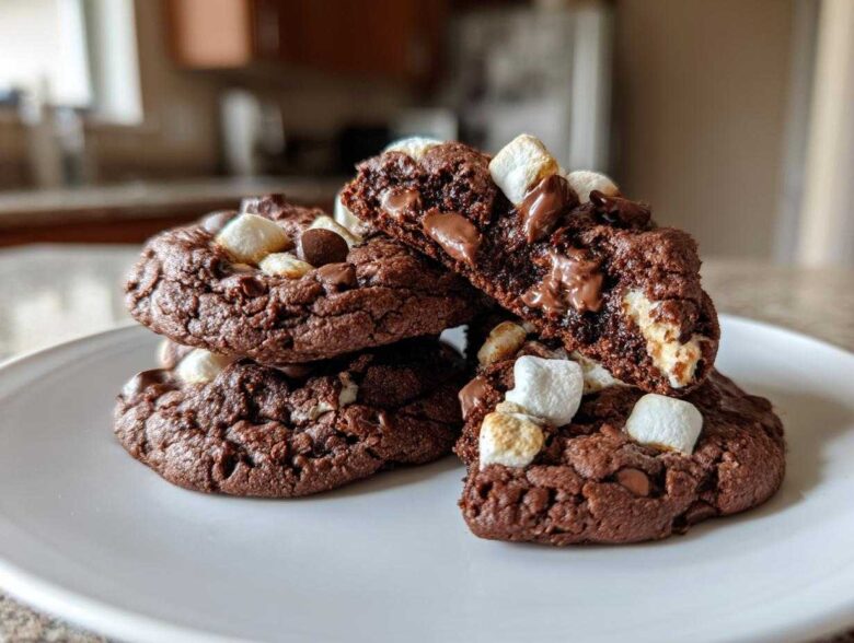 A stack of gooey hot chocolate cookies topped with melted chocolate chips and mini marshmallows.