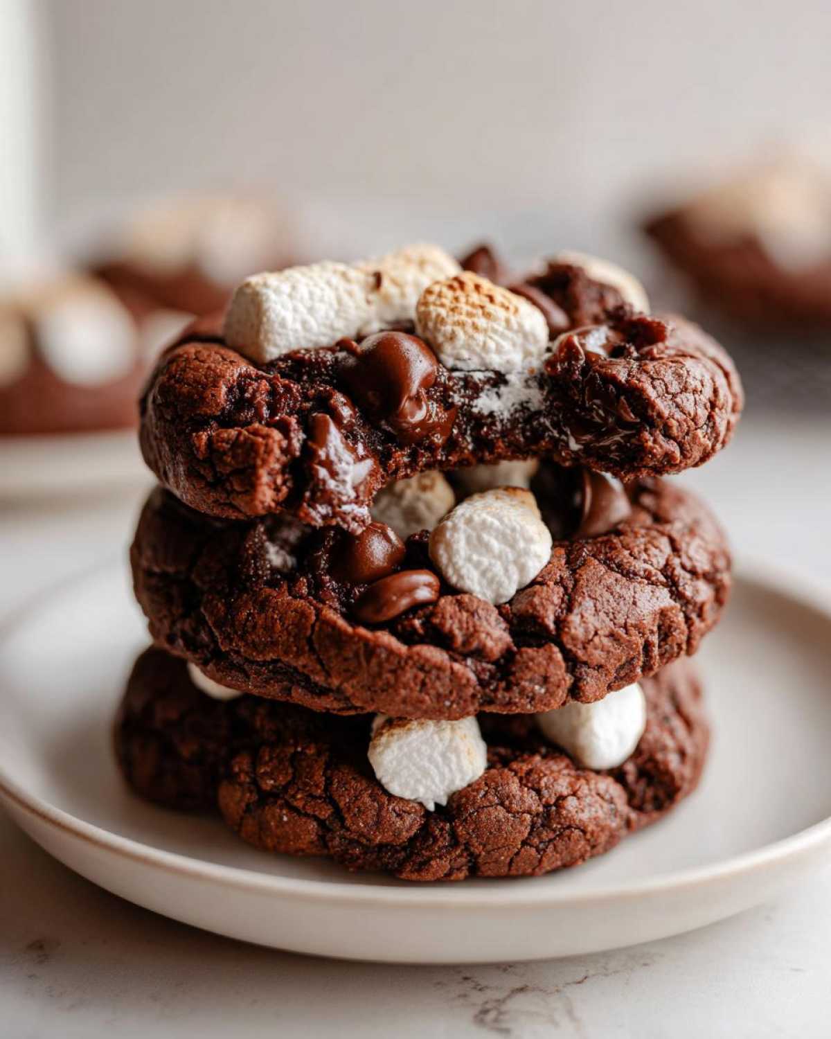 A stack of three rich, dark chocolate hot chocolate cookies topped with melted chocolate chips and toasted mini marshmallows.