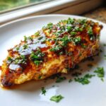 Close-up of a piece of hot honey feta chicken glazed with a dark sauce and topped with fresh parsley.