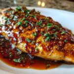 A close-up of a juicy chicken breast smothered in a thick, glossy hot honey glaze, garnished with herbs.