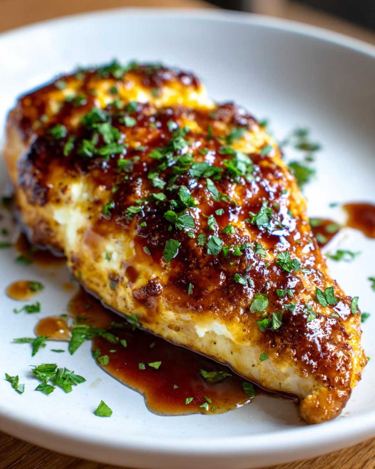 A juicy chicken breast covered in a dark, sticky glaze, garnished with fresh parsley, representing hot honey feta chicken.
