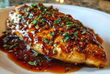 A close-up of a juicy chicken breast smothered in a thick, glossy hot honey glaze, garnished with herbs.