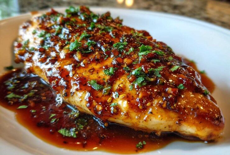 A close-up of a juicy chicken breast smothered in a thick, glossy hot honey glaze, garnished with herbs.