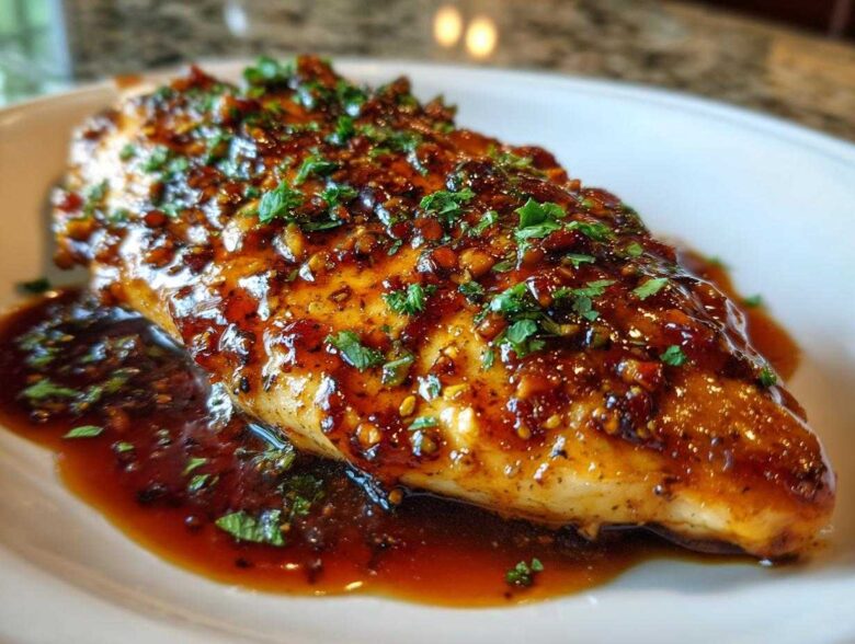 A close-up of a juicy chicken breast smothered in a thick, glossy hot honey glaze, garnished with herbs.