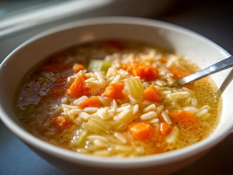 A close-up view of a white bowl filled with hot Italian penicillin soup, featuring orzo pasta, diced carrots, and celery in a clear broth.