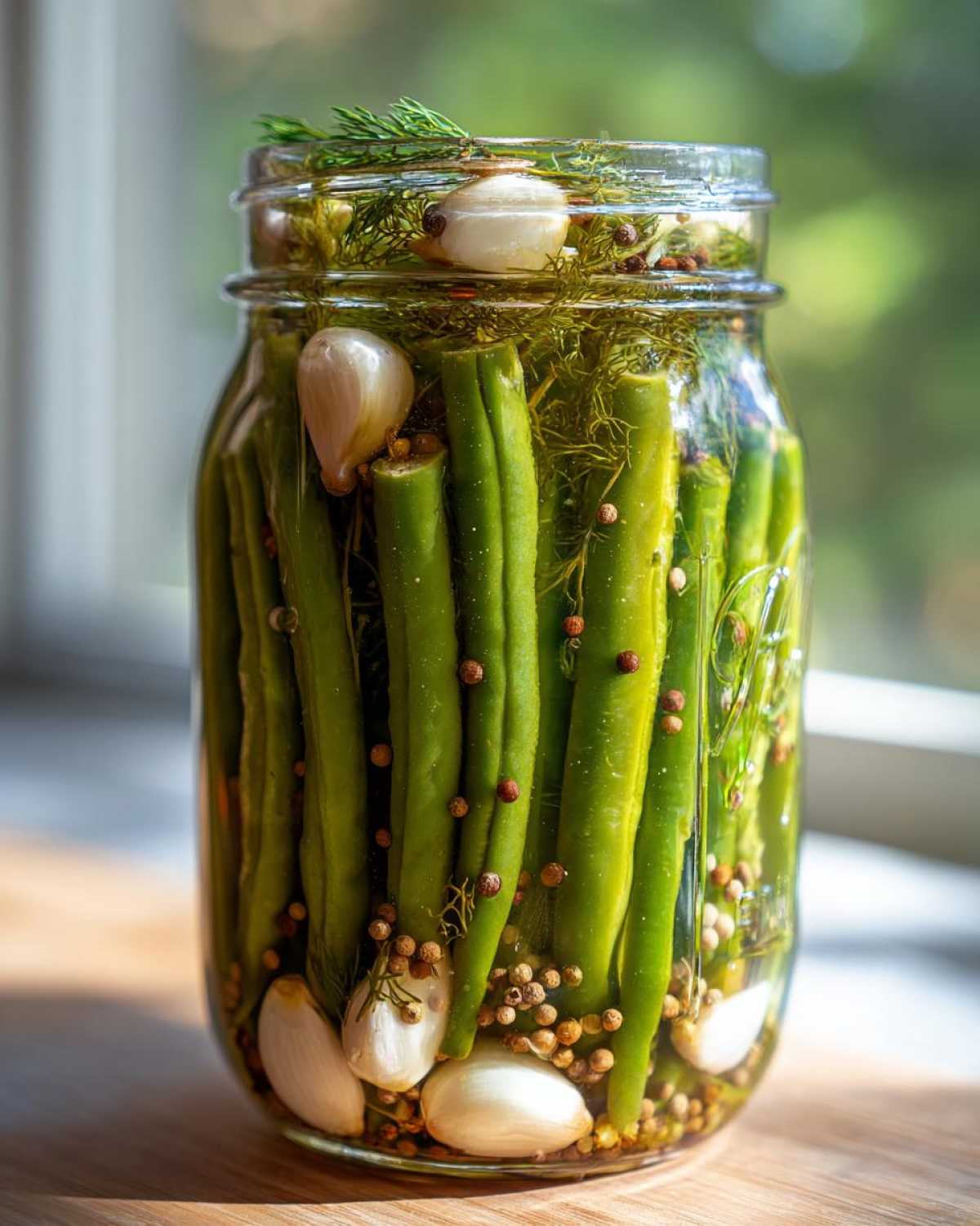 A tall glass jar filled with fresh green beans, garlic cloves, dill, and peppercorns for making dilly beans.