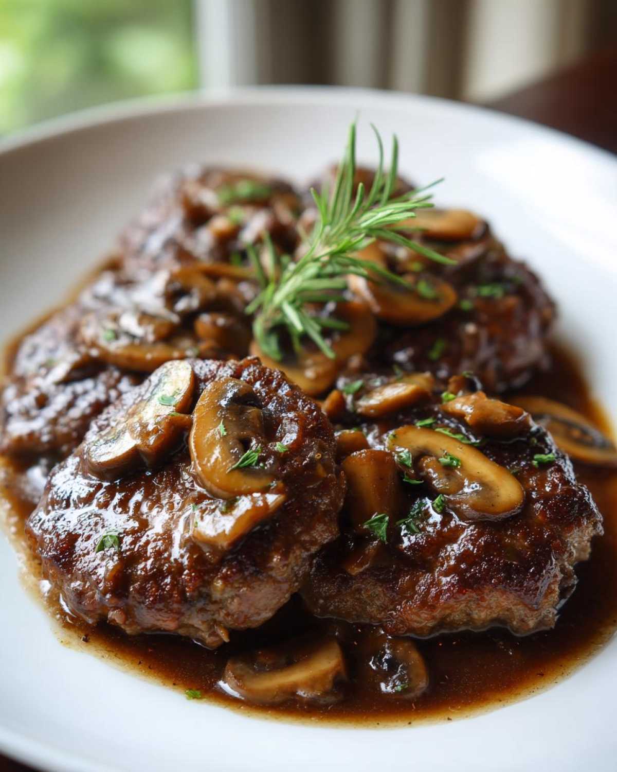 Close-up of three pieces of juicy salisbury steak smothered in rich mushroom gravy and garnished with rosemary.