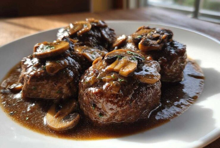 Four servings of juicy salisbury steak smothered in rich mushroom gravy on a white plate.