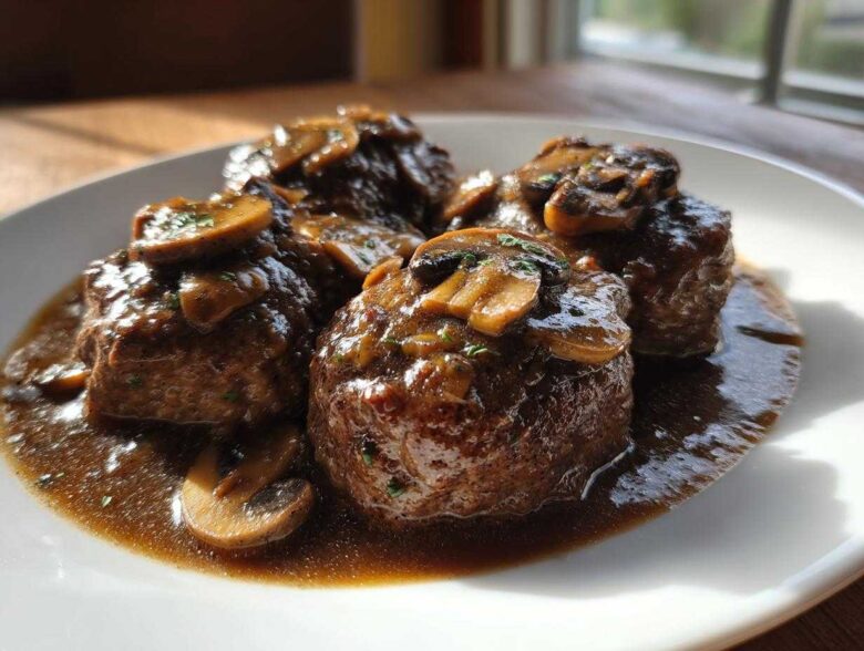 Four servings of juicy salisbury steak smothered in rich mushroom gravy on a white plate.