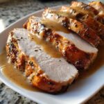 Close-up of thick slices of juicy slow cooker turkey breast, covered in savory brown gravy and herbs.