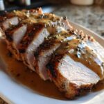Slices of juicy slow cooker turkey breast, browned on the edges and covered in savory brown gravy and herbs.