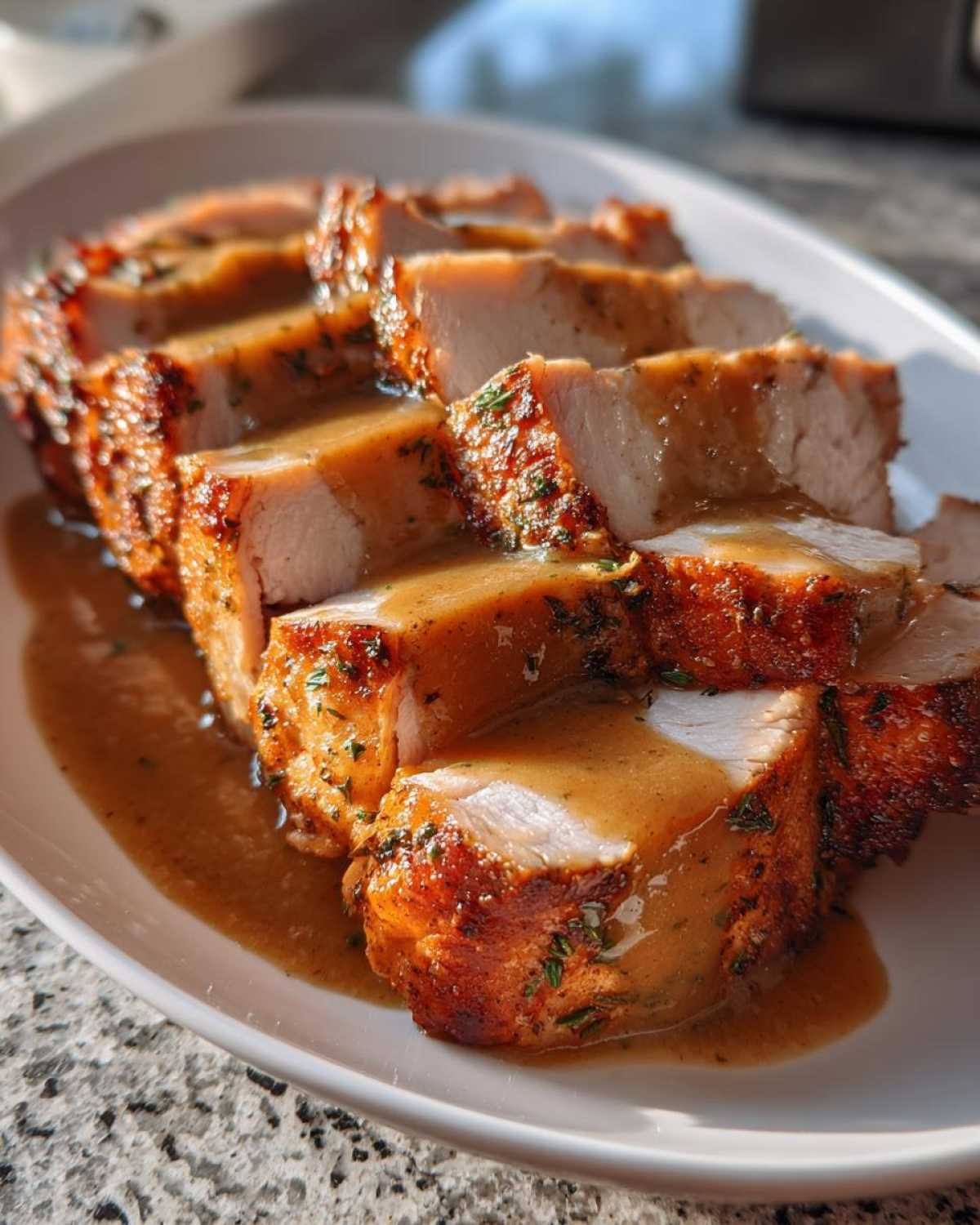 Close-up of perfectly cooked, sliced slow cooker turkey breast covered in rich brown gravy.