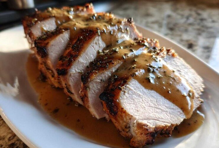 Slices of juicy slow cooker turkey breast, browned on the edges and covered in savory brown gravy and herbs.