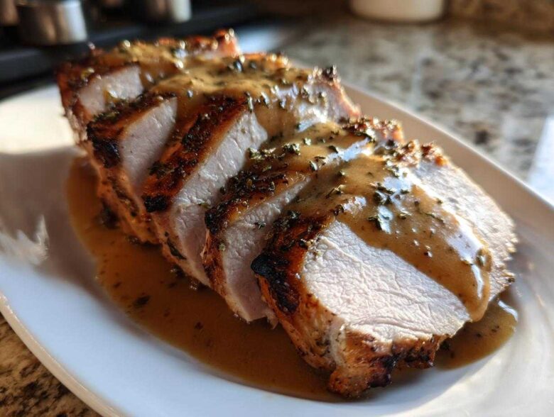 Slices of juicy slow cooker turkey breast, browned on the edges and covered in savory brown gravy and herbs.
