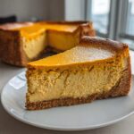 A thick slice of keto pumpkin cheesecake with a golden top and graham cracker crust on a white plate.