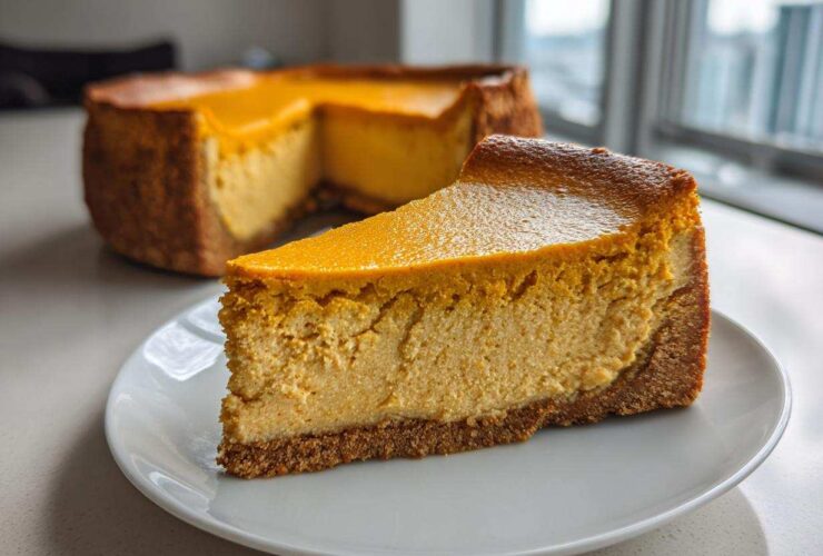 A thick slice of keto pumpkin cheesecake with a golden top and graham cracker crust on a white plate.