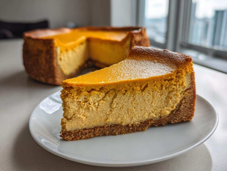 A thick slice of keto pumpkin cheesecake with a golden top and graham cracker crust on a white plate.