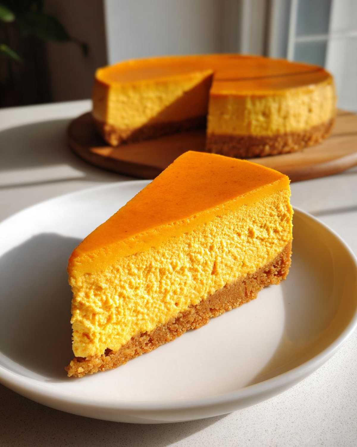 A slice of vibrant orange keto pumpkin cheesecake on a white plate, with the rest of the cake blurred in the background.